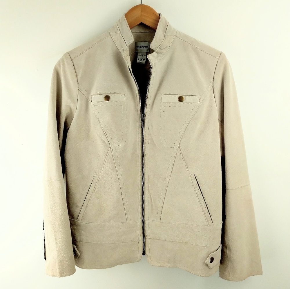 Chico's | 100% Leather Ivory Jacket Moto Style